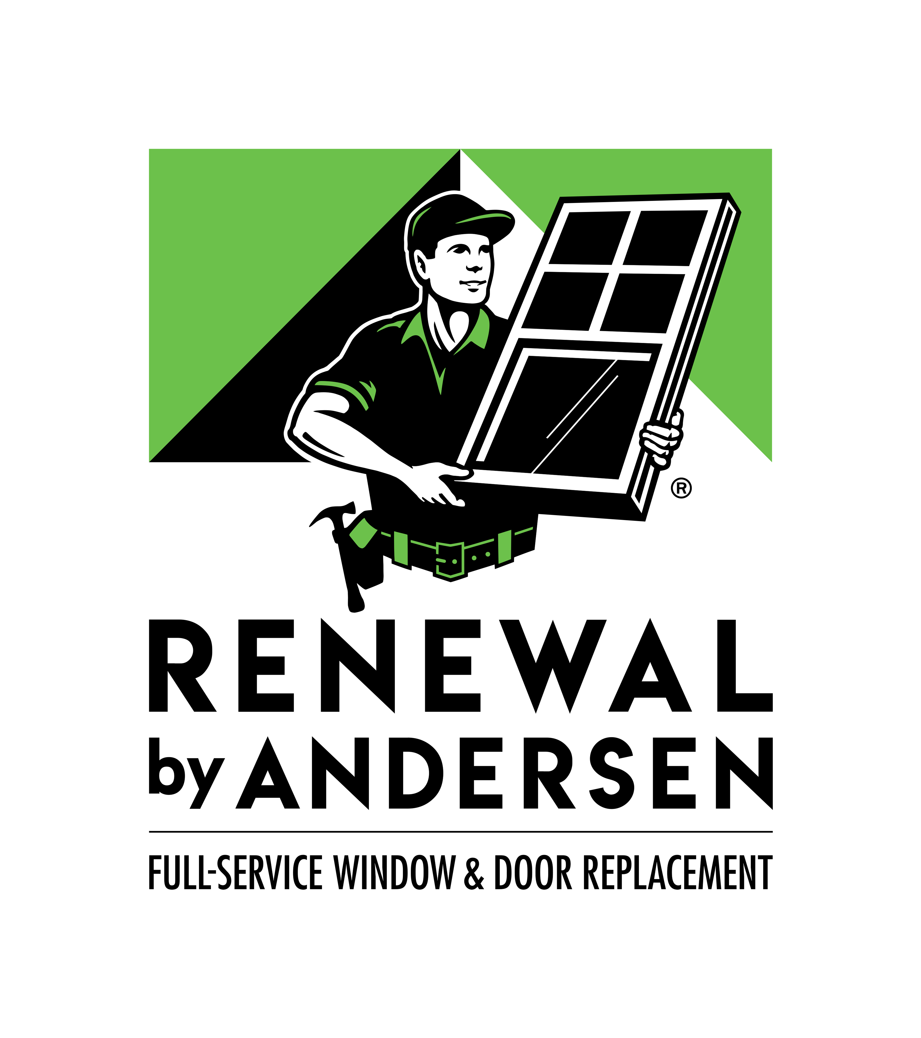 A graphic of a man carrying a window with the copy, "Renewal by Andersen"