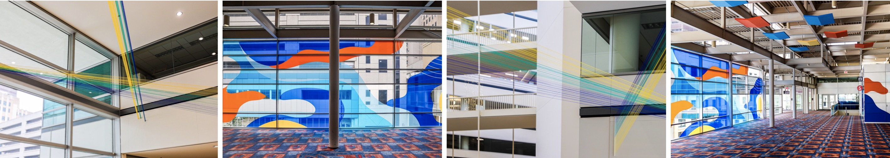 Skywalks Reimagined Four photos in a collage. Two are of strings attached from one side of the wall to the other and the other two are of abstract shapes on a window