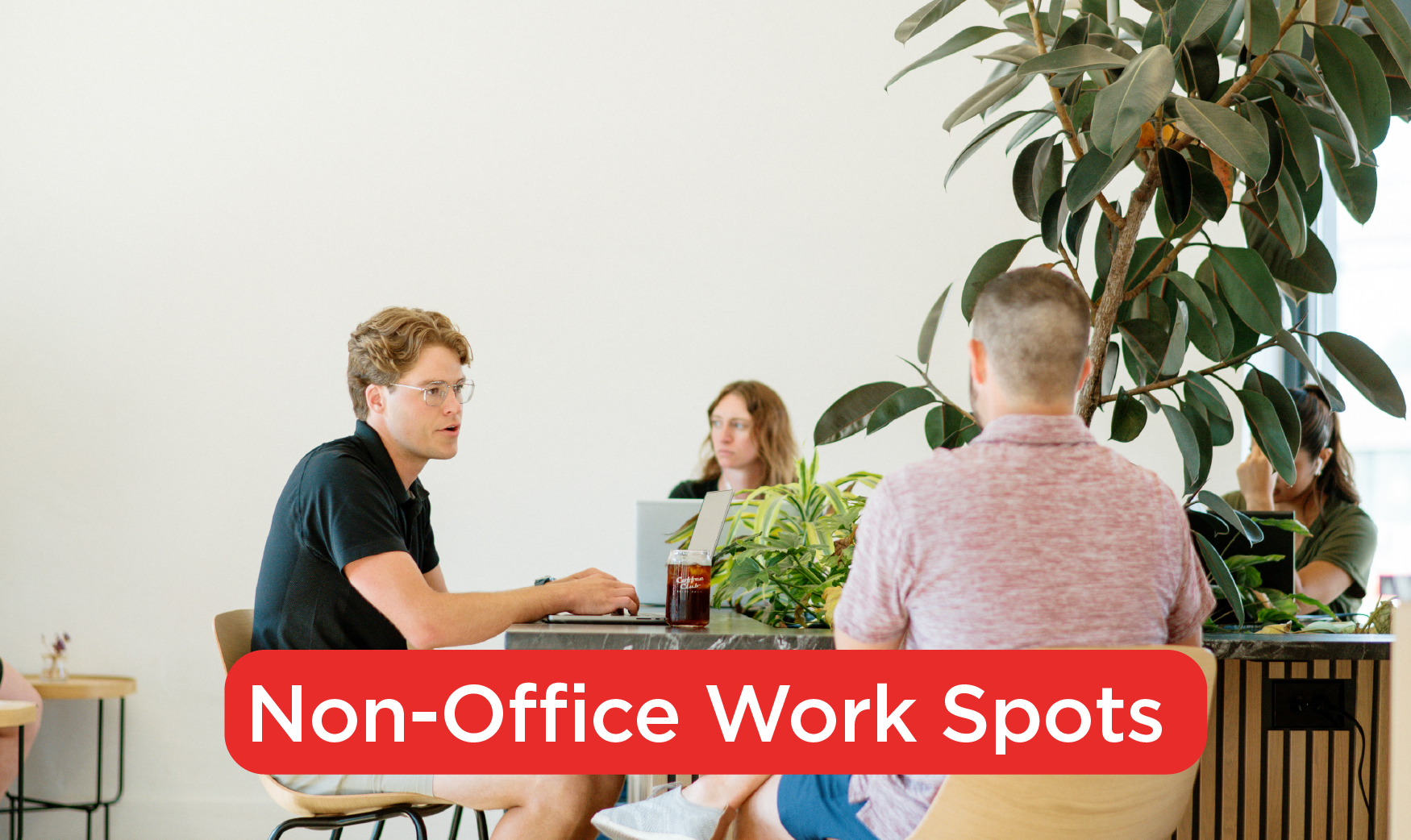 Two people sitting in a coffee shop talking. Text at the bottom of the photo reads, Non-Office Work Spots