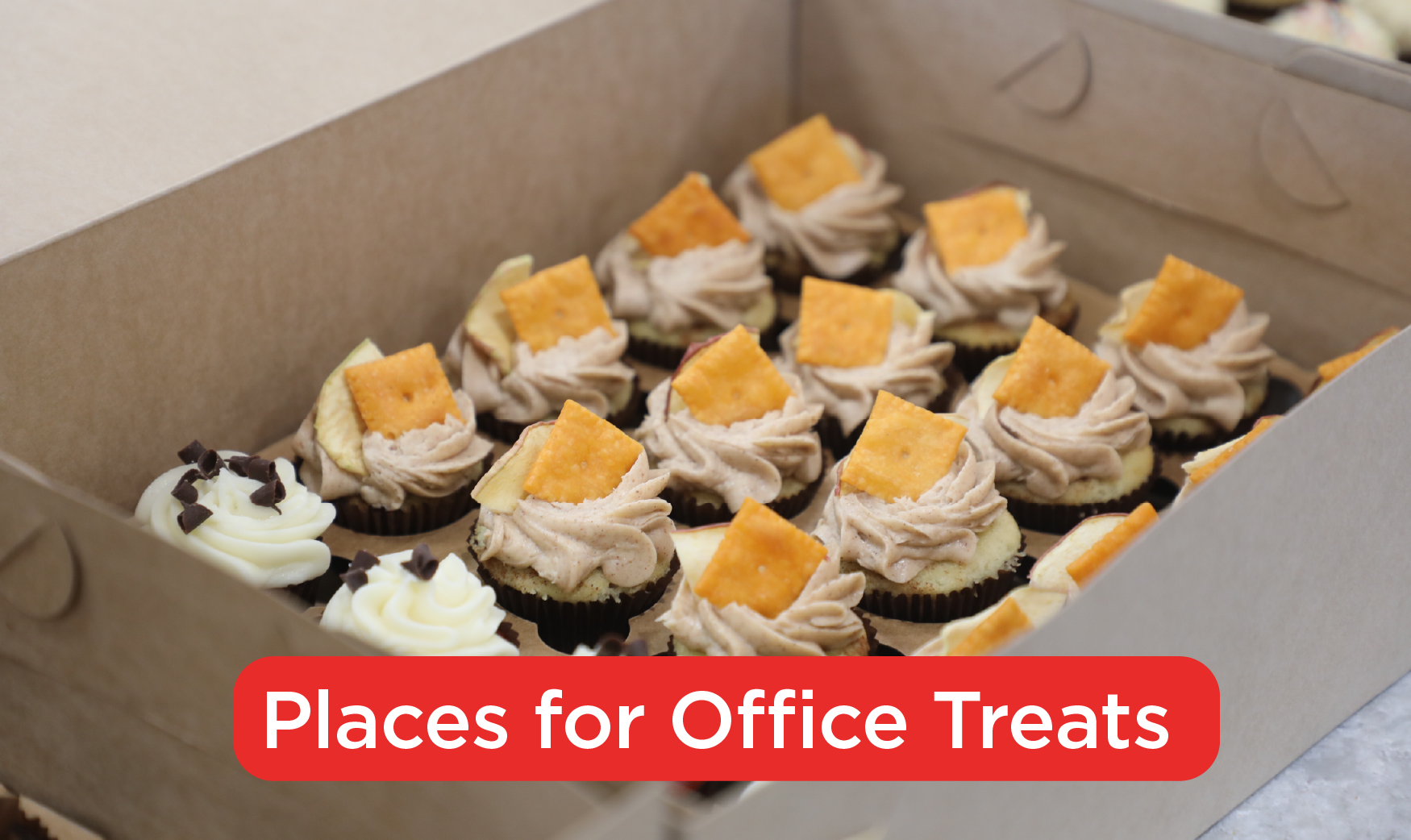 A box of cupcakes with the words, Places for Office Treats at the bottom.