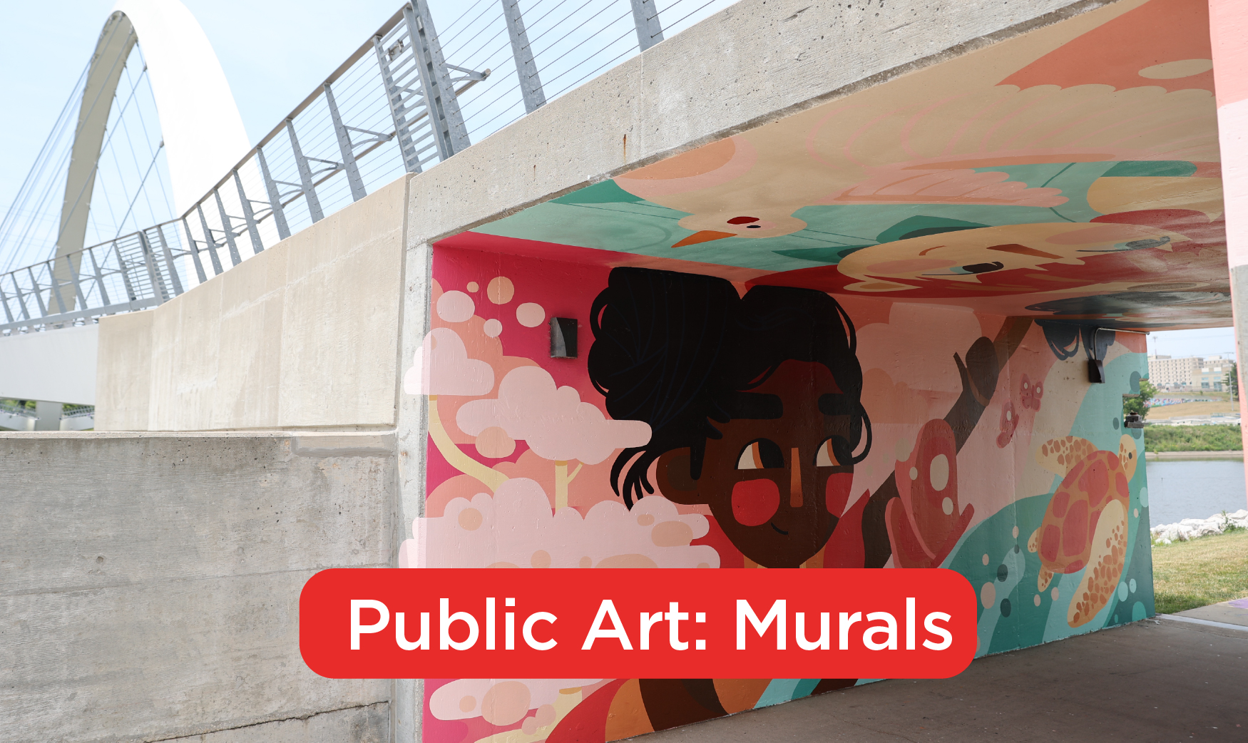 A mural of a girl under a bridge with the words Public Art: Murals" in text