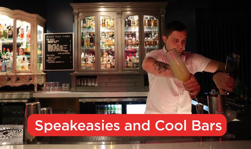 A bartender making a drink and the words "speakeasies and cool bars" are at the bottom of the photo