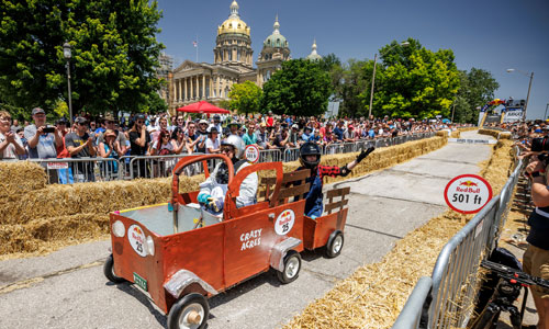 Red Bull Soapbox Race soapbox car in front of Iowa State Capitol