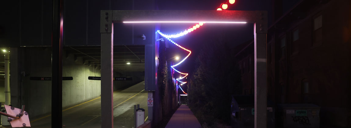 lighted walking path at night