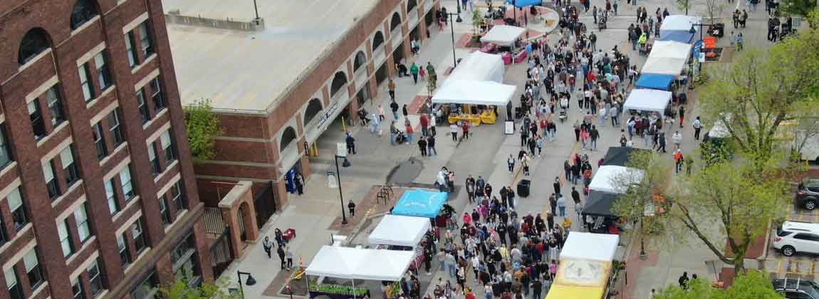 aerial view of farmers' market tents