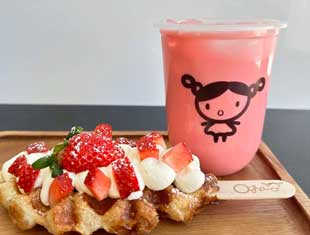 a strawberry dessert and pink bubble tea