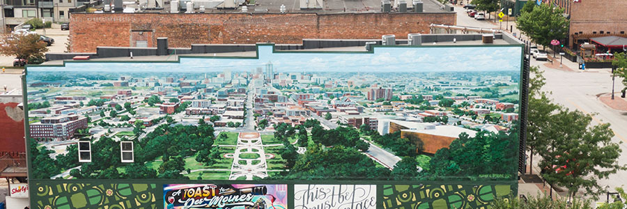 A mural of Downtown Des Moines