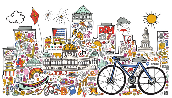 Graphic with sketches of items from Downtown Des Moines including logos, landmarks and buildings.