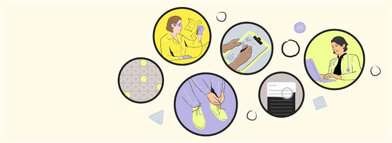 Illustrated collage showing professionals doing adminis