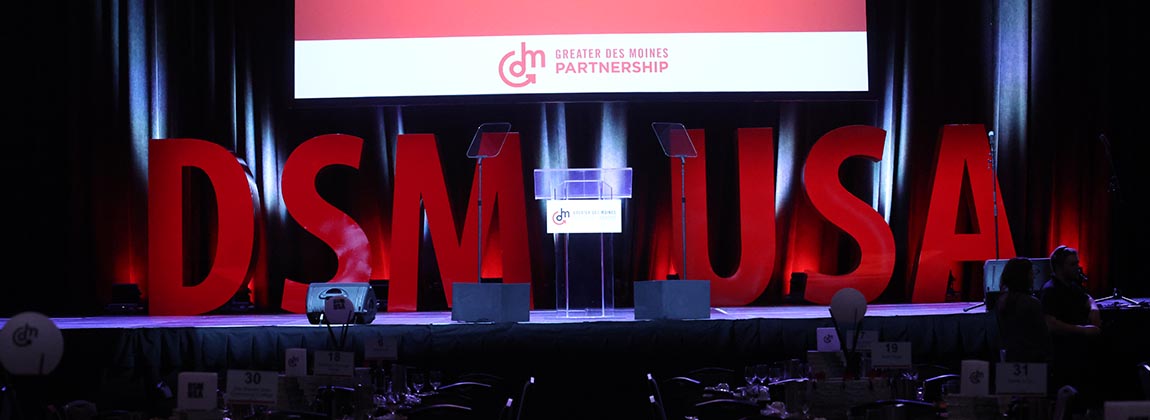 A stage setup at a Greater Des Moines Partnership event