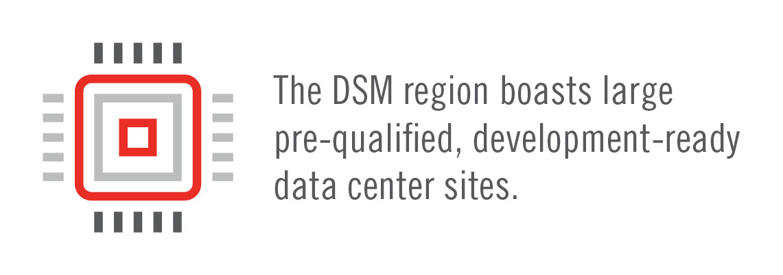 Graphic that says, "The DSM region boasts large, pre-qualified development ready data center sites."