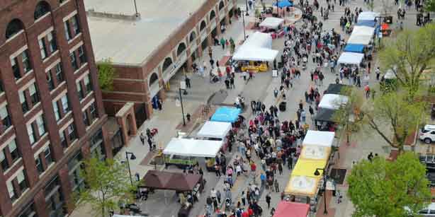 aerial view of farmers' market tents