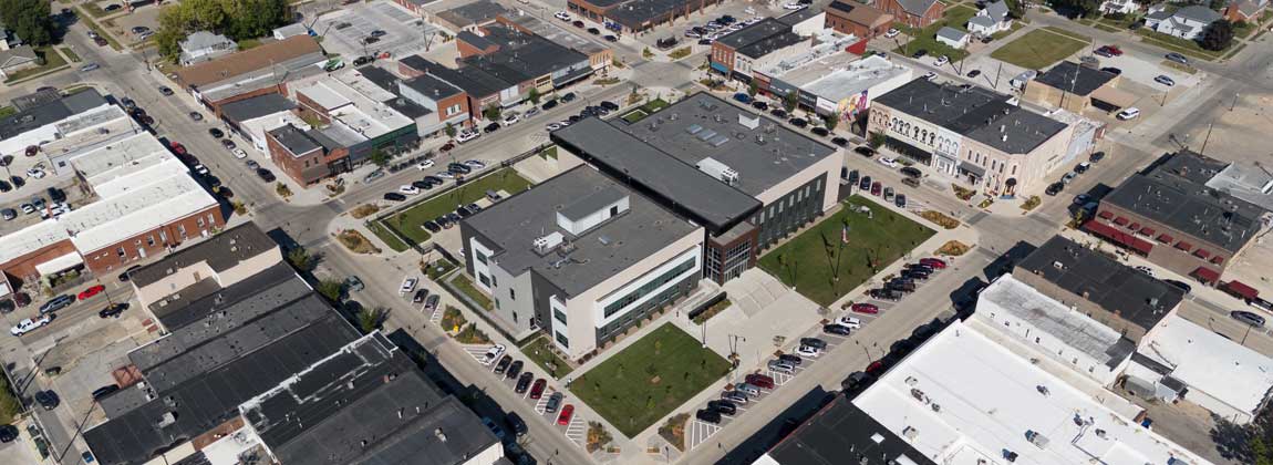aerial of buildings in Indianola