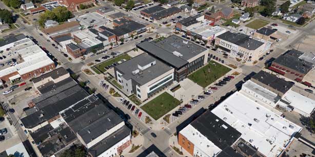 aerial of buildings in Indianola