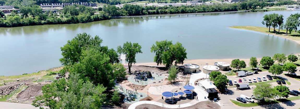aerial view of the playground and sprayground at Gray's Lake