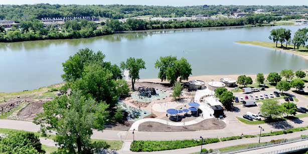 aerial view of the playground and sprayground at Gray's Lake