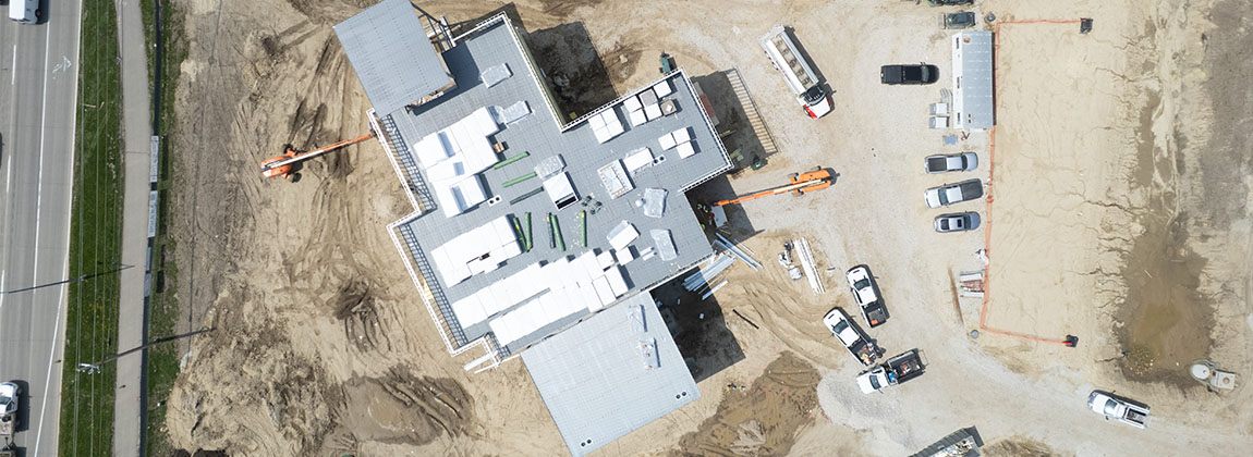 An overhead view of a building that is undergoing construction