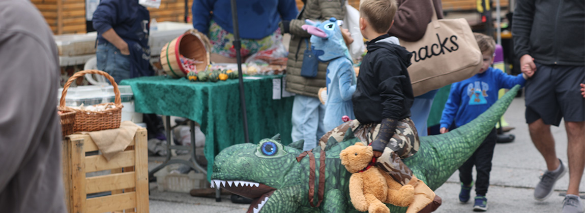 A child in a dinosaur costume on a street with vendors