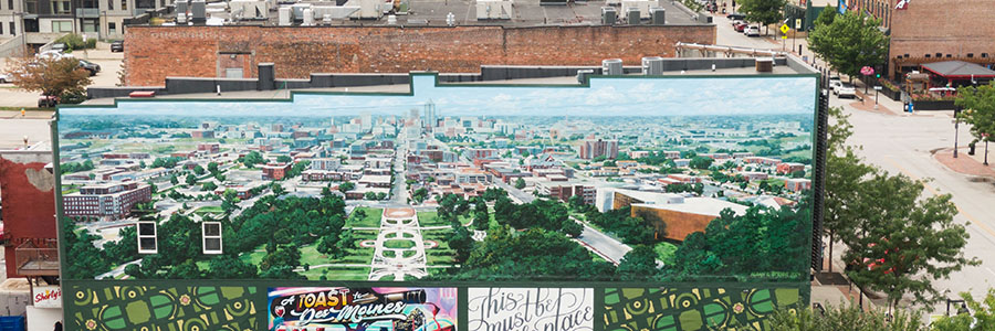 A mural of Downtown Des Moines