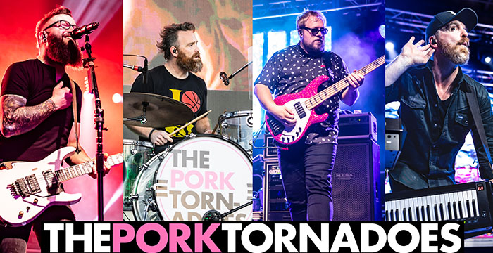A collage of four photos with each member of a band